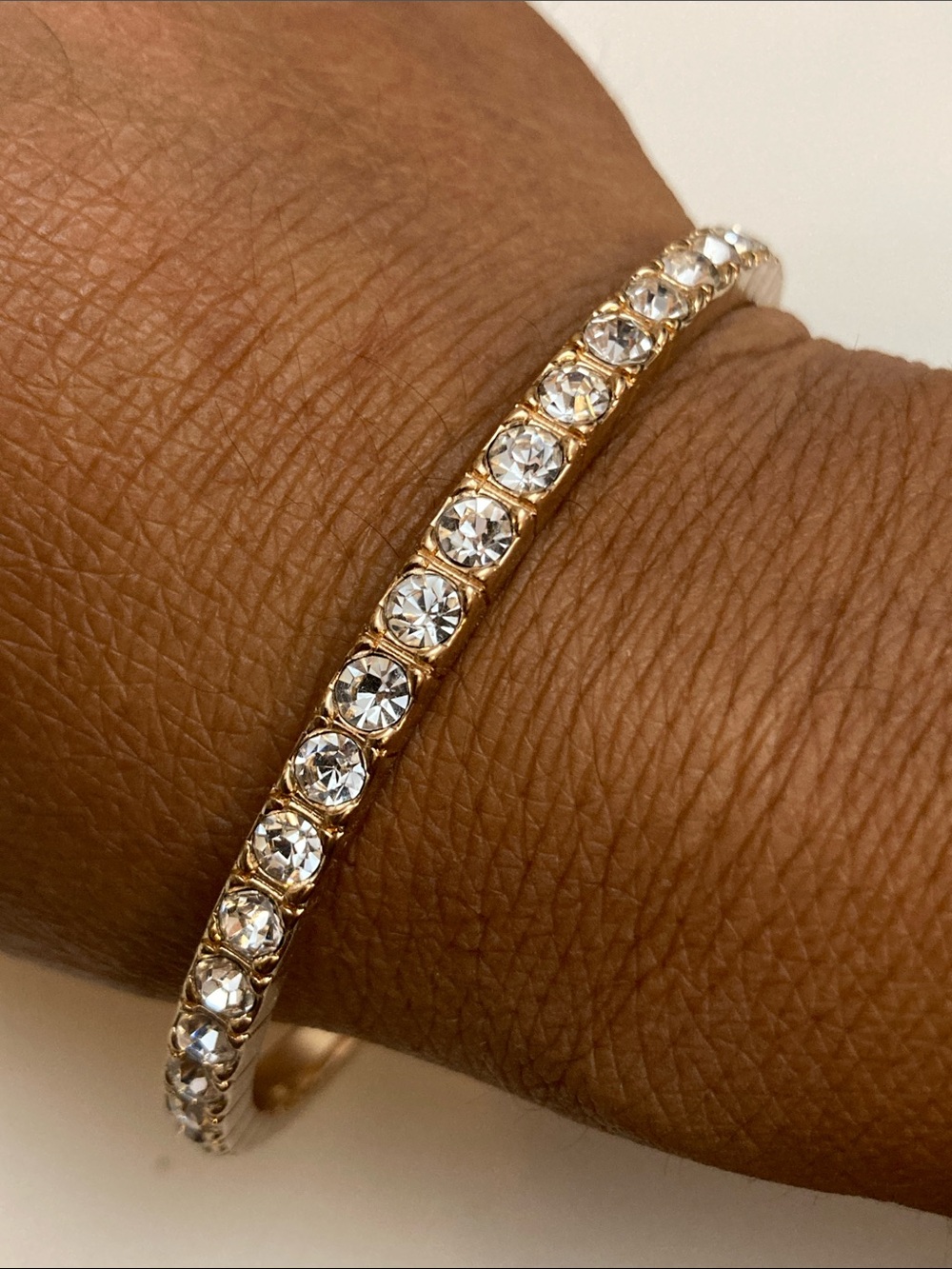 Single Row Gold Tone and Clear Crystals Tennis Bangle Bracelet 8 inch around